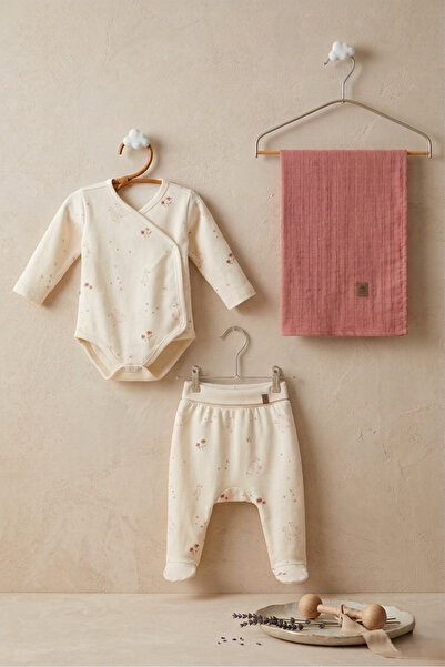 Caramell 100% Cotton Floral and Duck Patterned 3-Piece Baby Set (0-3 Months) ...
