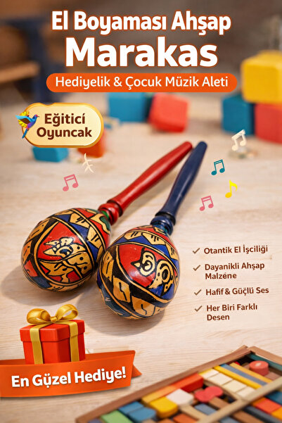 1DepoBu El Boyaması Ahşap Marakas – Dekoratif & Ritim Çalgısı | Hediyelik Şık...
