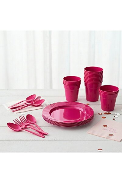 Ta-Fu Global FUŞYA Parti Takımı Plastik Mika Set ( 25 Bardak , 6 Tabak , 25 Ç...