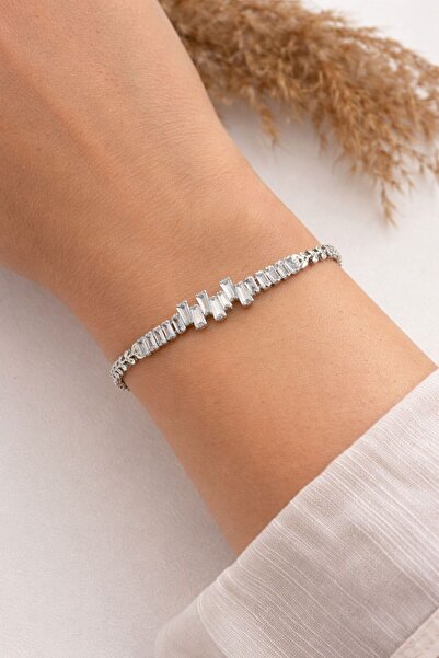 stainless steell Leaf Detailed Baguette Stone Steel Bracelet