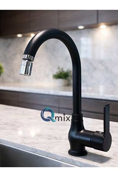 QMİX LÜX MUTFAK EVİYE BATARYASI ÇİFT SU GİRİŞLİ SİYAH RENK PİRİNÇ GÖVDE 360 D...