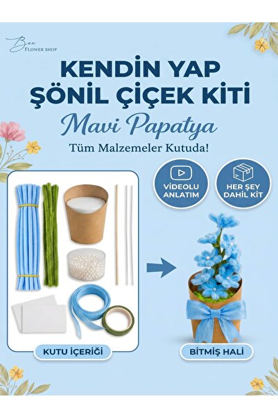 Bee Flower Shop Mavi Şönil Papatya Yapım Kiti (Şönil Hobi Seti) - Yaratıcı Ho...