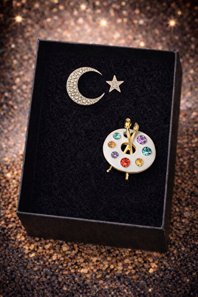 PULİNİN DÜKKANI Ay Yıldız & Ressam Paleti Figürlü Broş – Sanat Temalı Şık Tas...