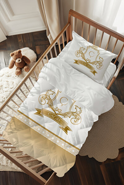 İsimli Özel Gold Desenli Bebek Beşik Uyku Seti TLABG-333
