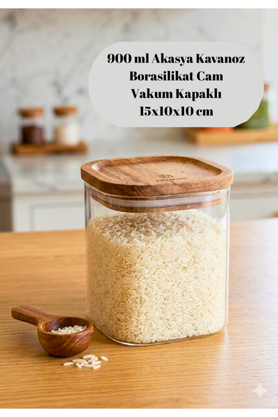 BRE HOME 900 ml Borosilikat Cam Kavanoz Akasya Kapaklı Vakumlu Saklama Kabı -...