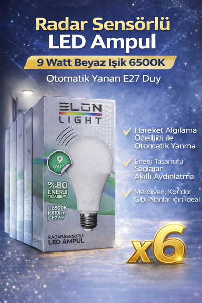 Genel Markalar Radar Sensörlü LED Ampul 9 Watt Beyaz Işık 6500K Otomatik Yana...