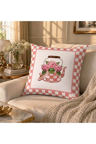 Karam Home Pembe Damalı Çiçekli Dekoratif Kırlent Kılıfı 43x43 cm