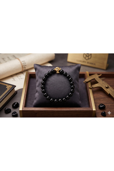 Gold Maymun Charm'lı Parlak Siyah Bileklik
