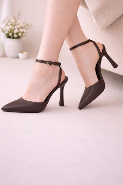 MİLOS Footwear Meryam Brown Leather Stiletto Heeled Shoes with Back Strap