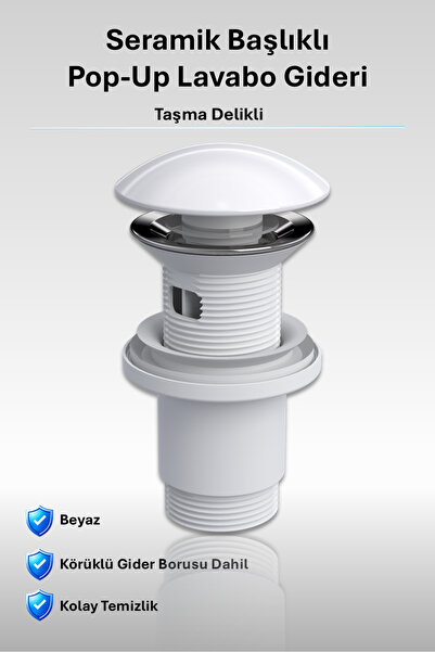 İZ YAPI Elixir Seramik Pop-Up Lavabo Gideri | Taşma Delikli Parlak Beyaz | Ün...