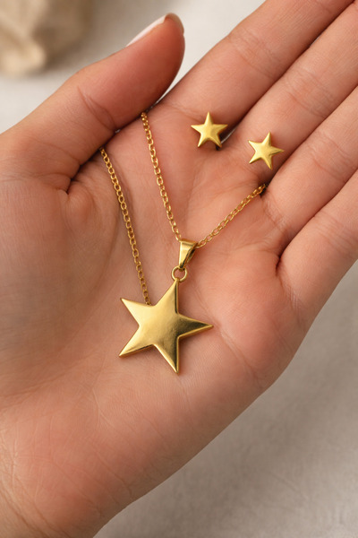 HER ŞEY NOTA www.herseynota.com Star Figured Gold Color Stainless Steel Neckl...