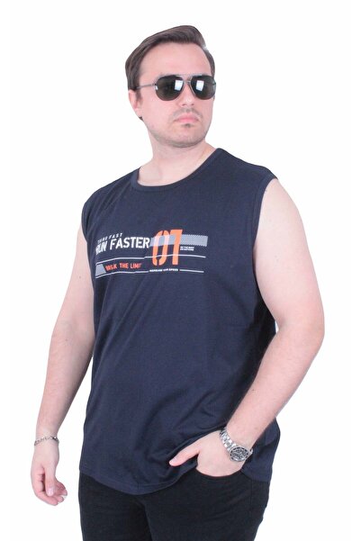 Starbattal Large Size Printed Sleeveless T-Shirt Run Faster 26127 Navy Blue