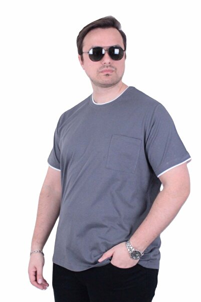 Starbattal Men's Large Size Crew Neck T-Shirt with Pockets 26143 Fume