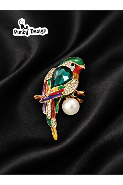 Punky Design Renkli Kuş Figürlü İnci Detaylı Taşlı Broş Vintage Yaka Aksesuarı