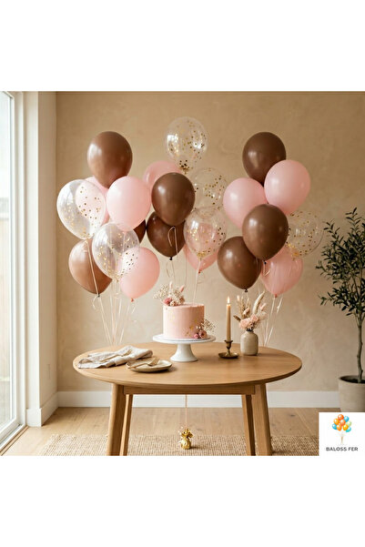 baloss fer Doğum Günü Süsleri Balon Seti 20 Parça Kahverengi Pembe Gold Konfe...