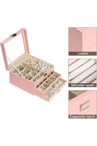 Alcoach Jewelry Box Clear Lid 3 Layer Jewelry Organizer Box Multi-Function Jewelry Storage Case with 2 Drawers Leather