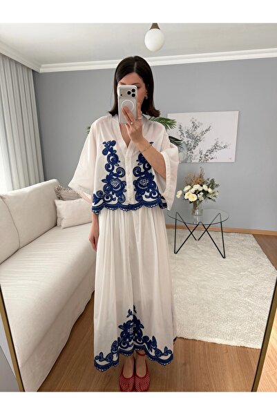 SHILSEE BEUTİQUE ΓΥΝΑΙΚΕΙΟ ΚΕΝΤΗΜΕΝΟ ΣΕΤ ΠΟΥΚΑΜΙΣΟ-ΦΟΥΣΤΑ ΛΕΥΚΟ-ΜΠΛΕ