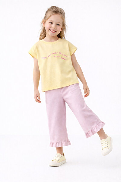 My Baby's World pembe gabardin pantolon & açık sarı %100 pamuk tişört kız çoc...