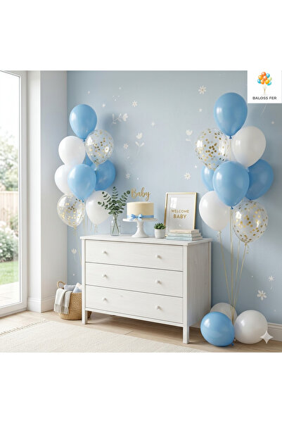 baloss fer Baby Shower Süsleri Balon Seti 20 Parça Mavi Beyaz Gold Konfetili ...