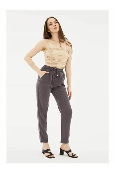 Fashion Friends Γυναικείο Παντελόνι Ανθρακί με Δέσιμο στη Μέση 26Y0477K1