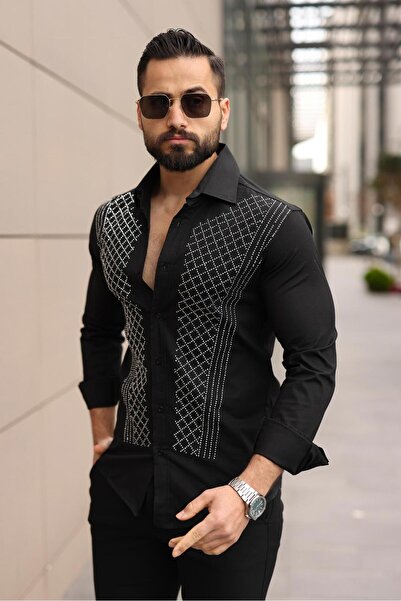 BAYIM Black Panthers Erkek Slim Fit Taş İşlemeli Likralı Uzun Kollu Gömlek