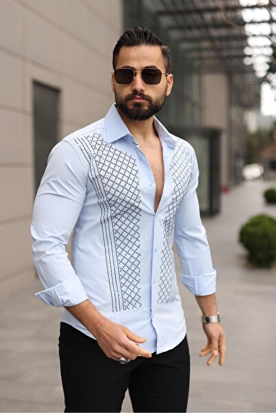 BAYIM Black Panthers Erkek Slim Fit Taş İşlemeli Likralı Uzun Kollu Gömlek