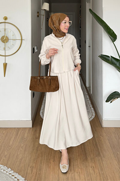 Tesettür Diyarı Μαίρη Τάνσελ Υφασμάτινο Σετ Μπουφάν-Φούστα με Φερμουάρ- Κρεμ