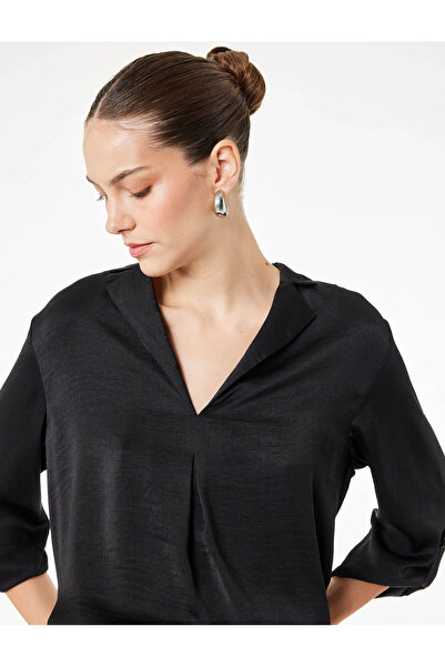 Koton Αερόμπιν Σατέν Μπλούζα με Αναδιπλούμενο Γιακά και Μανίκια 3/4