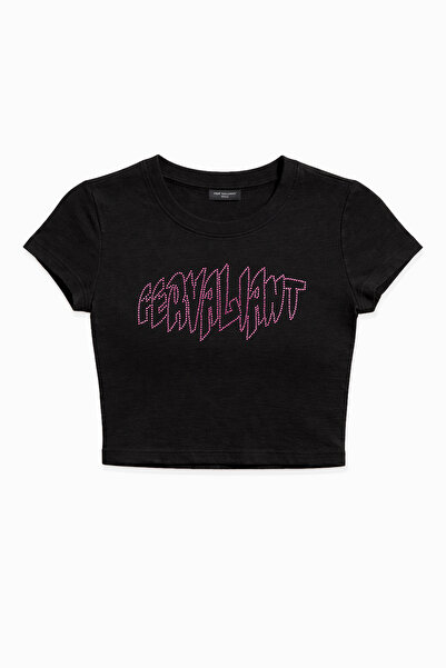 Fer Valiant Tricou crop pentru femei, cu imprimeu piramidal cu strasuri