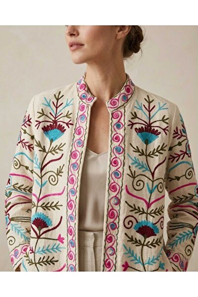 ORCHID Cream Long Kimono with Luxurious Hand Embroidery - Colorful Flowers