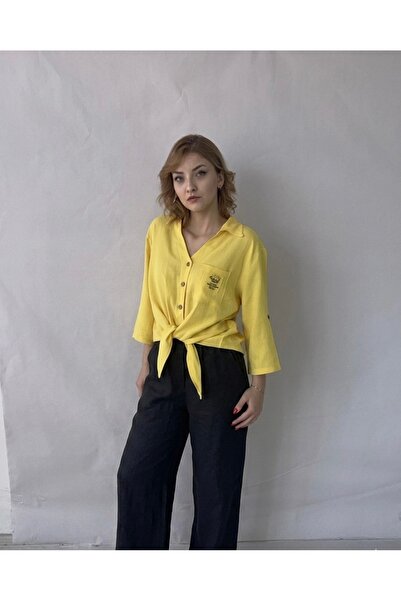 DovaWear Dova Wear Sarı Bağlamalı V Yaka Kadın Bluz