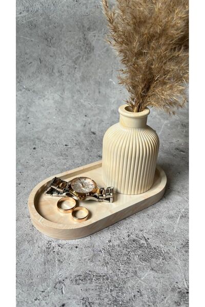 Home El Yapımı Dekoratif Set - Çizgili Vazo ve Oval Sunum Tepsisi - Modern Da...