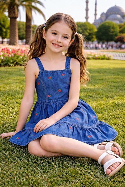 Ede Tekstil Τζιν φόρεμα με κεντημένα κεράσια και τιράντες