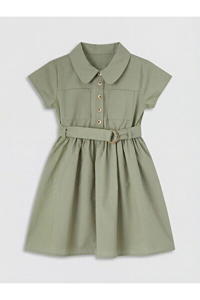 LC Waikiki LCW Παιδικό Πουκάμισο με Γιακά, Φόρεμα Ποπλίνα και Ζώνη για Κορίτσια