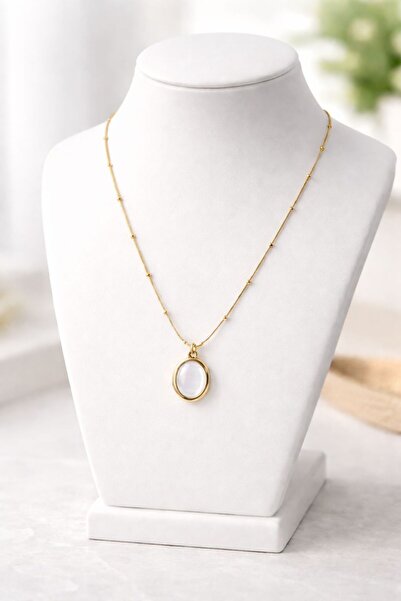 Vipfoni Gold Color Natural Stone Oval Steel Necklace with Ball Chain