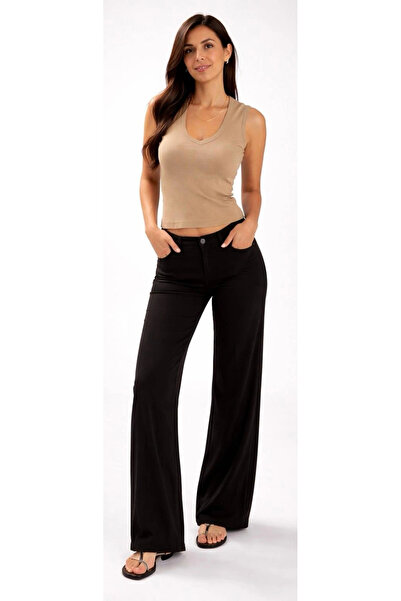 Kadın Taupe V Yaka Kolsuz Slim Fit Ribana Tişört %100 Pamuk Günlük Basic Atlet