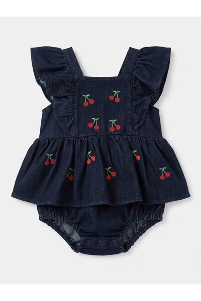Cumino Kız Bebek Kirazlı Denim/Kot Tulum Romper