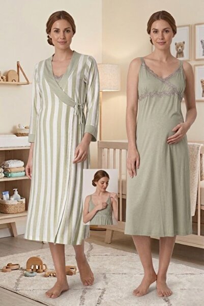 LOHOUSE Women's Plaid Patterned Lace 2-Piece Maternity Nightgown Set with Dre...