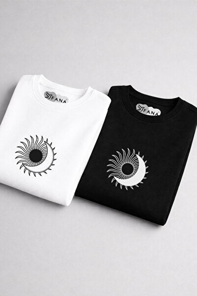 FANA مجموعة تي شيرت للزوجين مطبوع عليها شكل القمر والشمس، تي شيرت قطني كبير ا...
