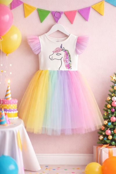 Size Kids Pamuk Şeker Unicorn Işıltılı Tütü Parti Elbisesi
