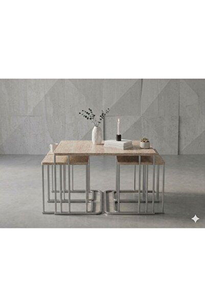 ERYALUX HOME 4+1 YAVRULU ORTA SEHPA GÜMÜŞ-TRAVERTEN ORTA SEHPA
