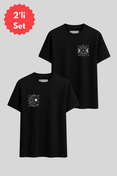 FANA Moon Star Minimal Printed Black Unisex Couple T-Shirt Set Oversize Cotton Couple T-Shirt