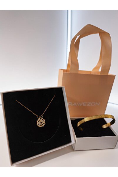 RAWEZON Nerovia Gold Renk Set-Çelik Mıknatıslı Yonca Kolye ve Ayarlanır Bilek...