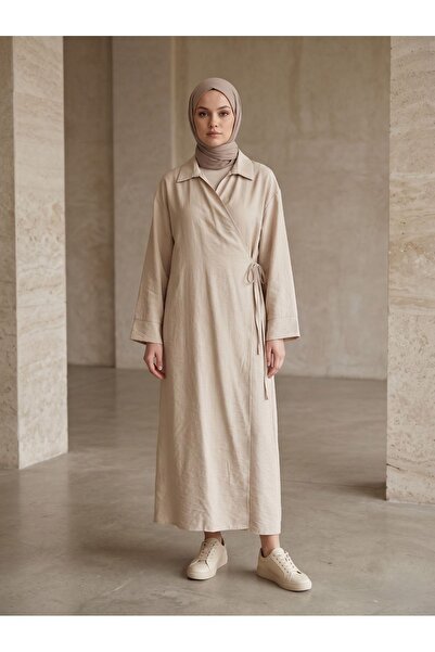 Lunsera Store جاكيت طويل بياقة وربطة جانبية - حجري