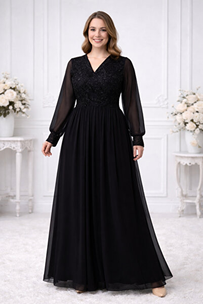 IŞILTI Γυναικείο μακρυμάνικο φόρεμα με λαιμόκοψη V, με κέντημα, κομψή σιλουέτ...