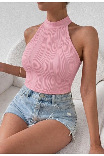 CASUALSTYLE Bluză crop jacquard cu guler halter pentru femei, cu imprimeu, to...