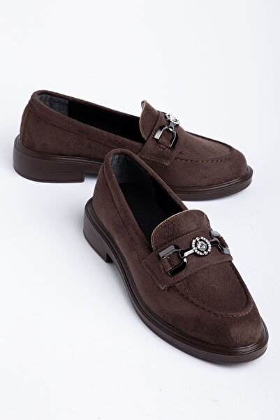 Moda Eleysa Mabel Brown Suede Buckle Detail Women's Loafer Shoes