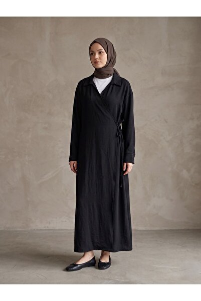 Lunsera Store جاكيت طويل بياقة وربطة جانبية - أسود