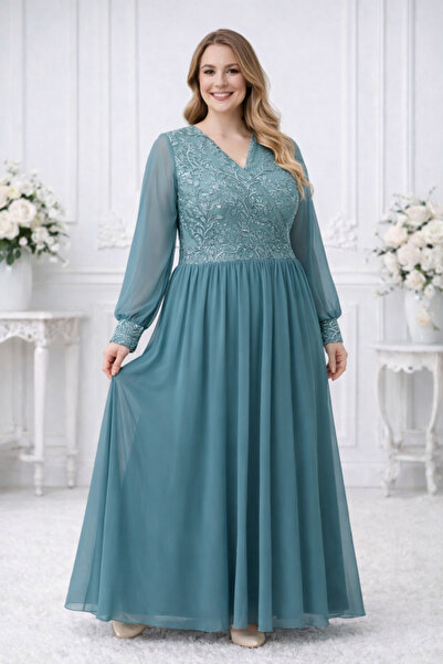 IŞILTI Γυναικείο βραδινό φόρεμα με μακρύ μανίκι με λαιμόκοψη V, κεντημένο, κο...