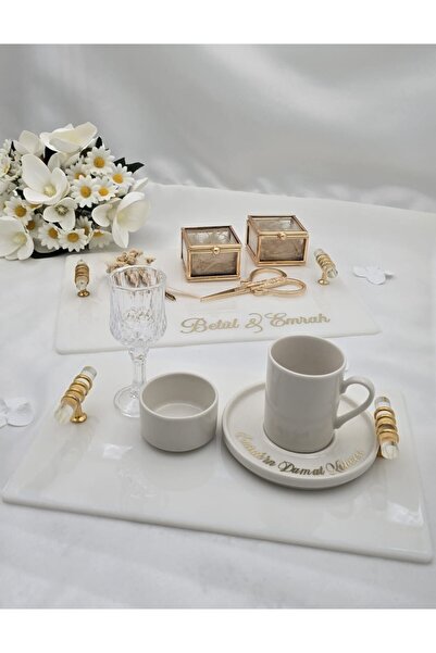 Nura Collection Söz Nişan Tepsi Seti Gold Dikdörtgen, Damat Kahve Tepsisi, Kı...